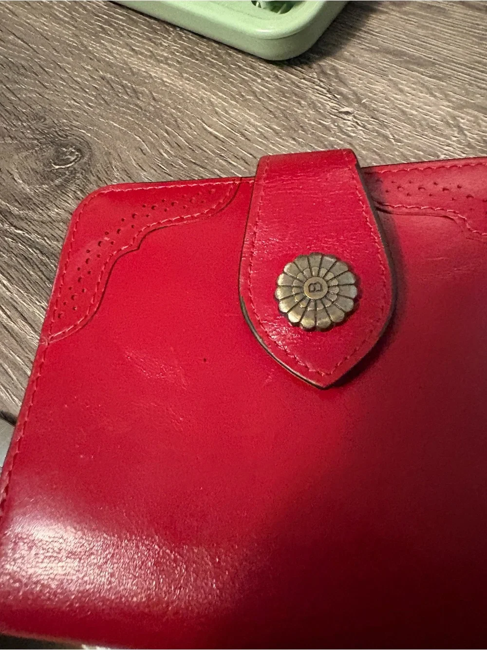 Bostonian Red Leather Women's Snap Wallet with Floral Button